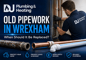 Professional plumber inspecting old pipework in Wrexham for replacement.